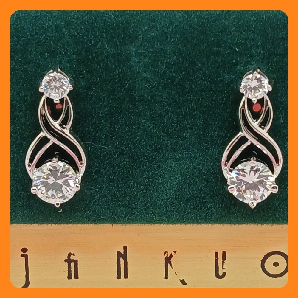 JANKUO Vintage 1990s Cubic Zirconia Infinity Drop‎ Earrings Silver Tone New Rare